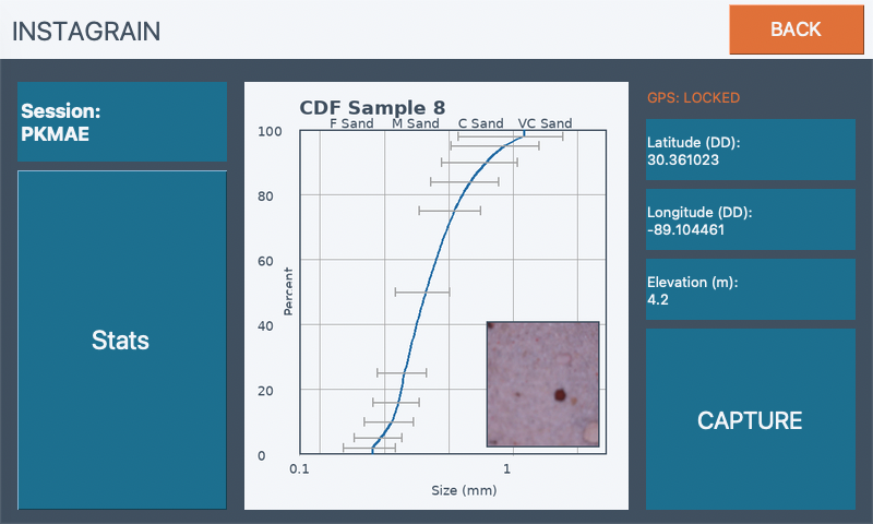 Active session graph showing the cumulative grain size distribution and a captured sediment image