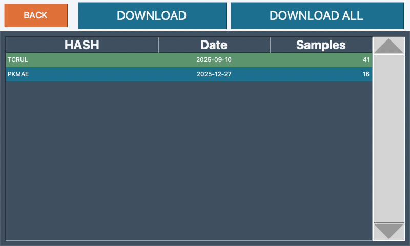 Download screen listing recorded sessions by hash, date, and sample count