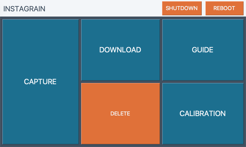 Instagrain main menu with Capture, Download, Guide, Delete, and Calibration options